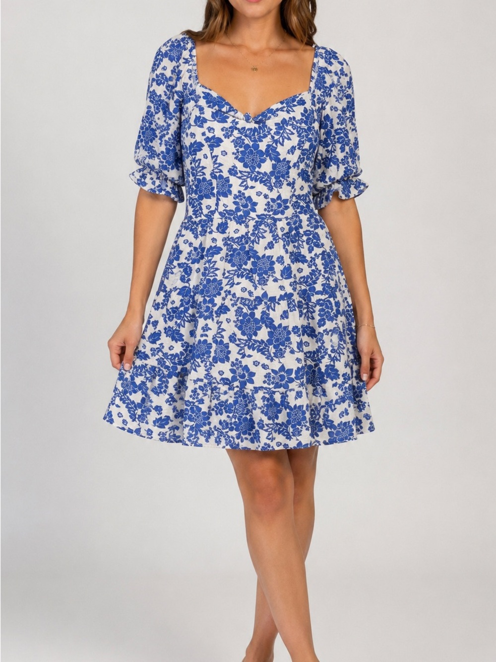 Crystal Doll Blue & White Floral Mini Dress Open Back Tie Size Large